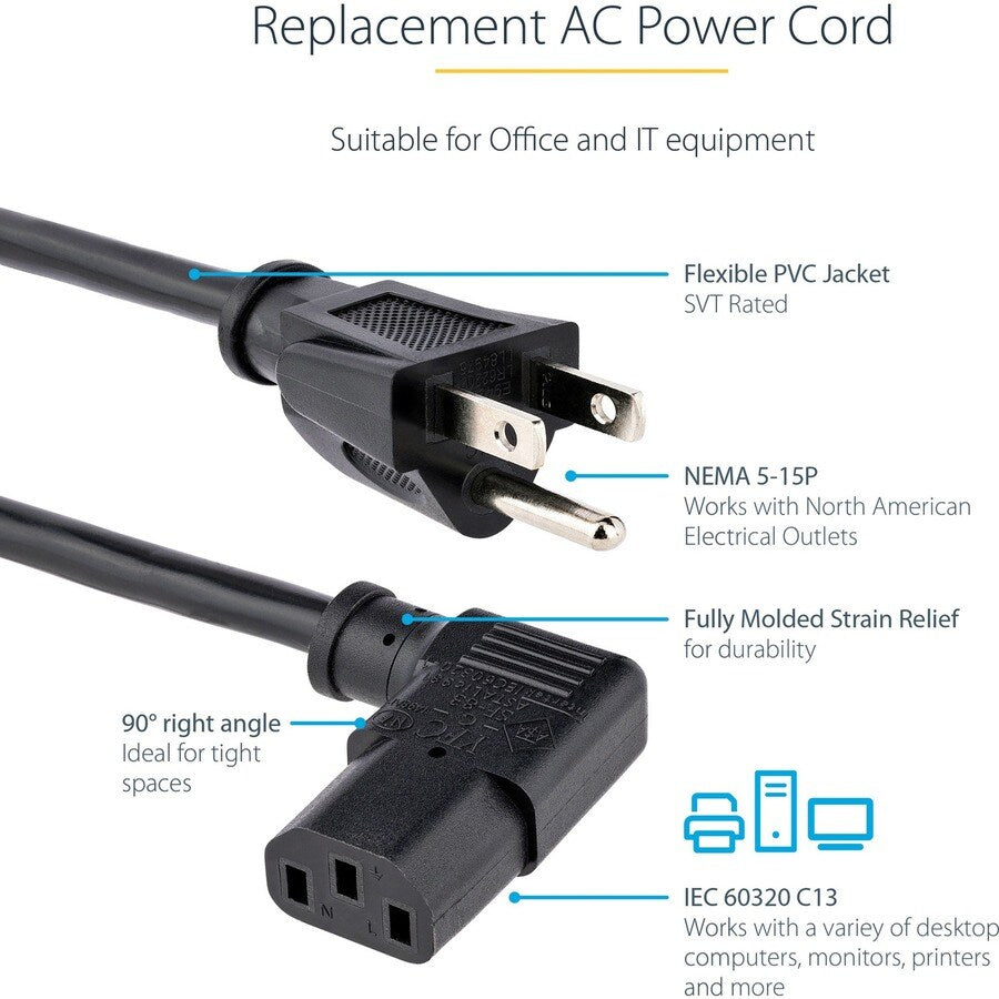 6FT COMPUTER POWER CORD NEMA 5-15P TO RIGHT ANGLE C13 POWER CORD