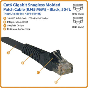 50FT CAT6 PATCH CABLE M/M BLACK GIGABIT MOLDED SNAGLESS PVC RJ45