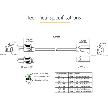 15FT POWER EXTENSION CORD NEMA 5-15R TO 5-15P COMPUTER POWER CORD